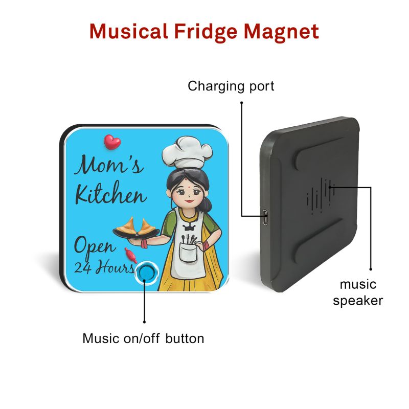 Mom’s Kitchen Open 24 Hours Personalized Musical Fridge Magnet Rechargeable Audio Magnet for Mom